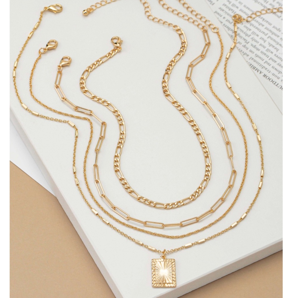 4 layer necklace sunburst charm set